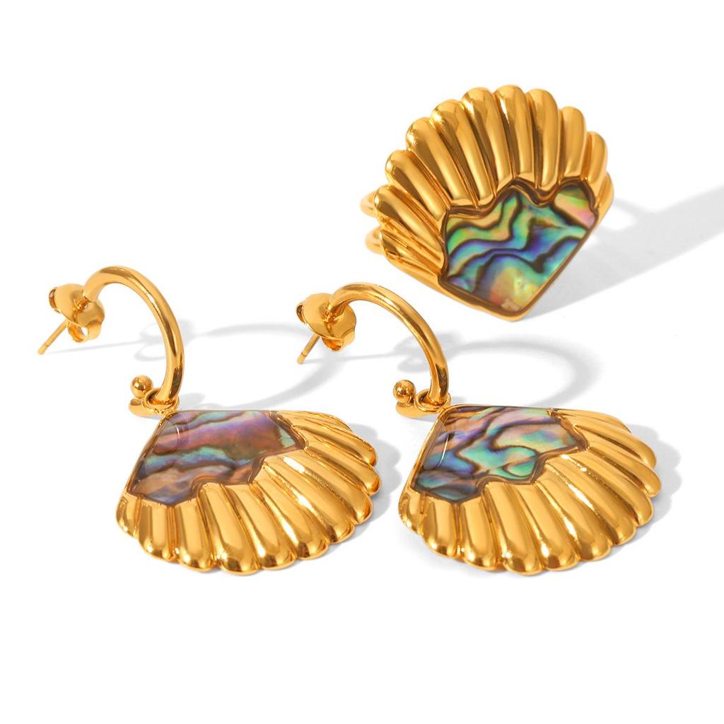 High-End Ocean Style Stainless Steel Ring & Earrings Set for Women - Non-Fading, Fashionable Jewelry