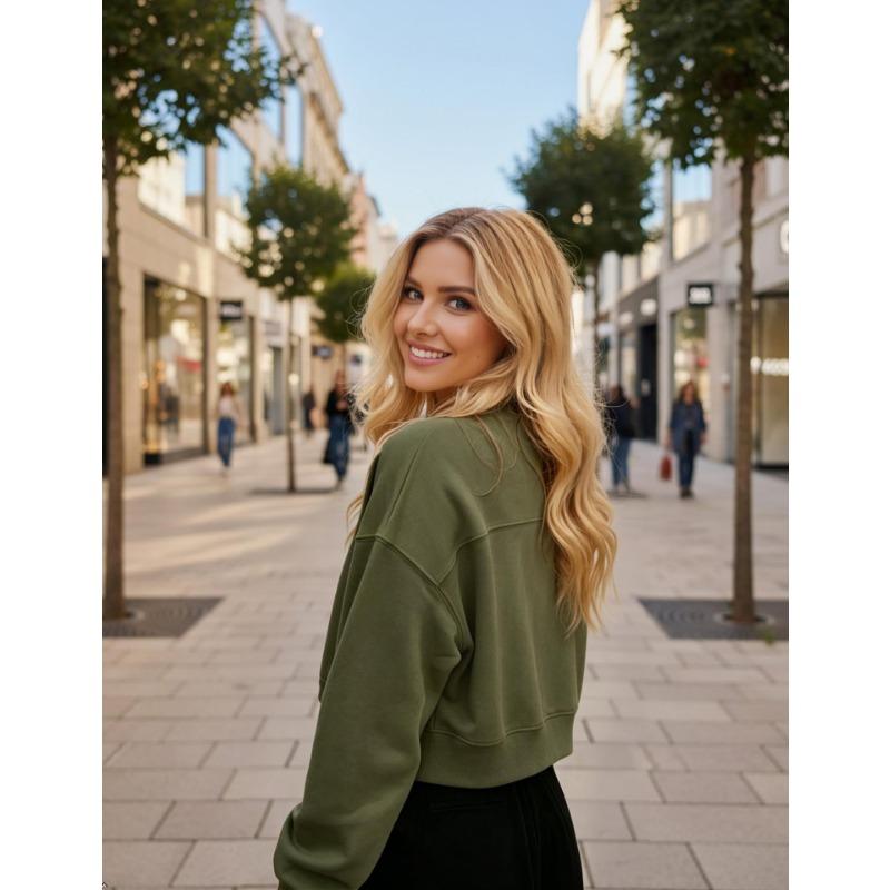 Women Loose Cropped Long Sleeve Crew Neck Casual Pullover Sweatshirt