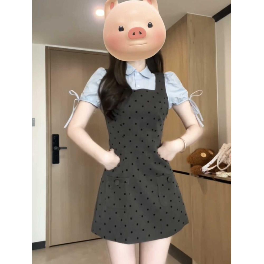 Gray polka dot camisole dress women's summer new pre-spring temperament casual women's waist suspender skirt vest skirt