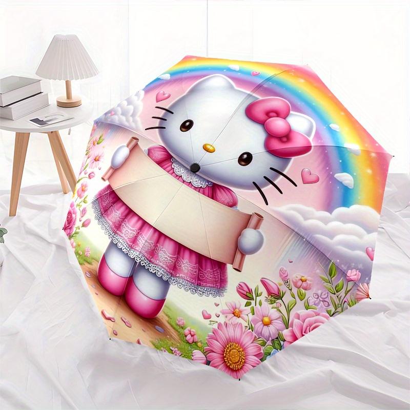 Hello Kitty,Rainbow Garden Automatic Folding Umbrella-Simple 8-Rib Design, Bright Cartoon Pattern, Durable Iron Frame, Suitable For Travel,