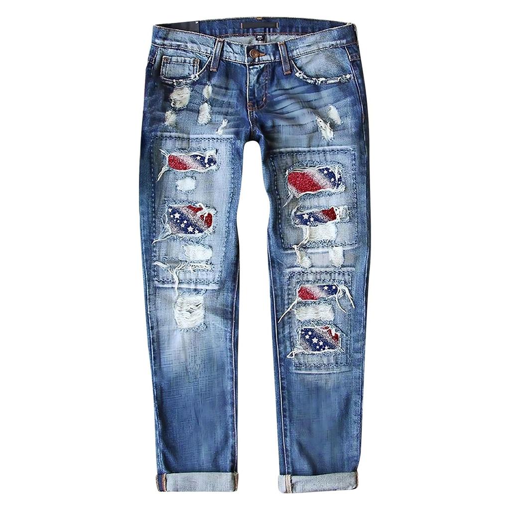 Women's Casual Fashion Printed Ripped Jeans - Trendy Distressed Denim Pants for Comfortable Everyday Wear