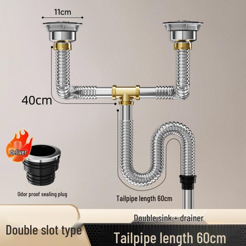 Stainless Steel Kitchen Sink Drain Pipe Set with Anti-Odor Features for Single or Double Sinks and Dishwasher Integration