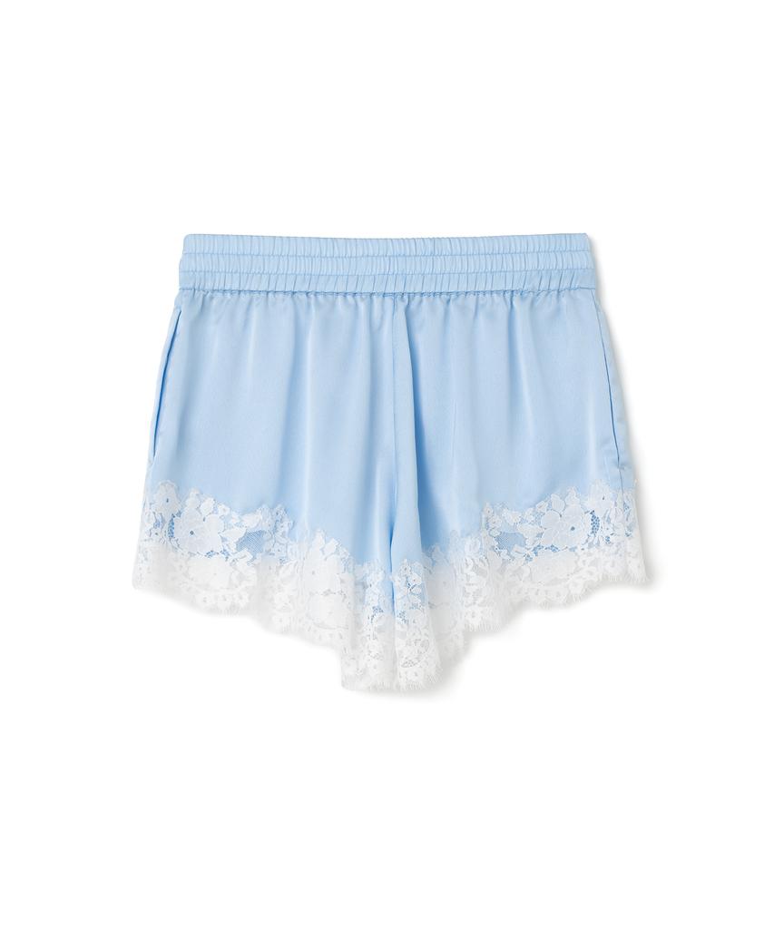 MILLO WOMEN Satin Lace Trim Shorts [Sky Blue]