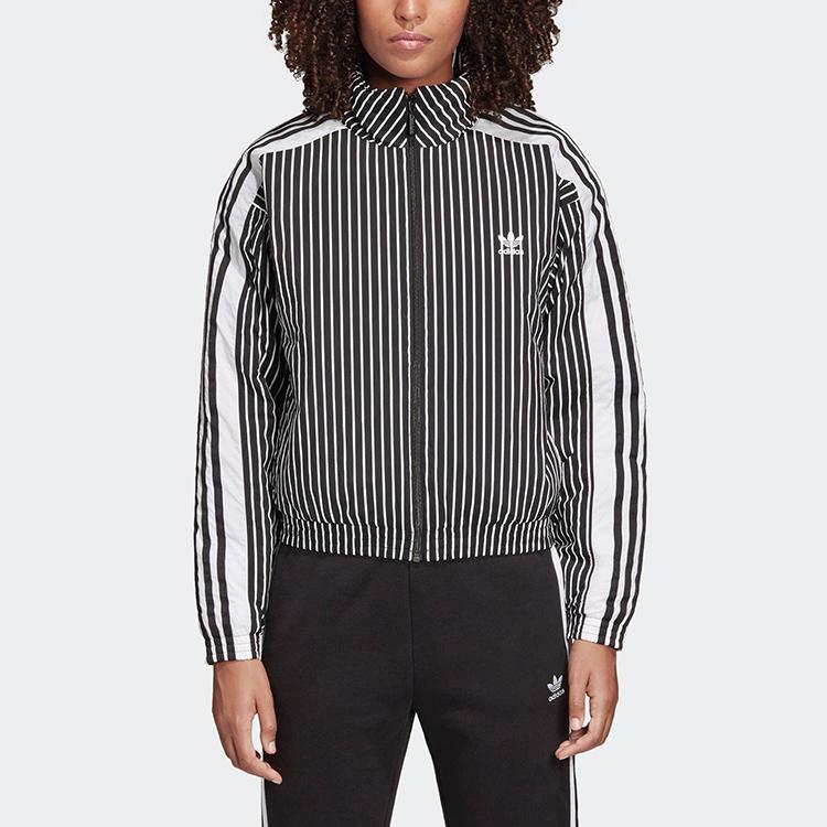 Adidas Jaqueta de Algodão Original com Gola Alta Listrada Curta Feminina Jaquetas Preto Branco DY0873