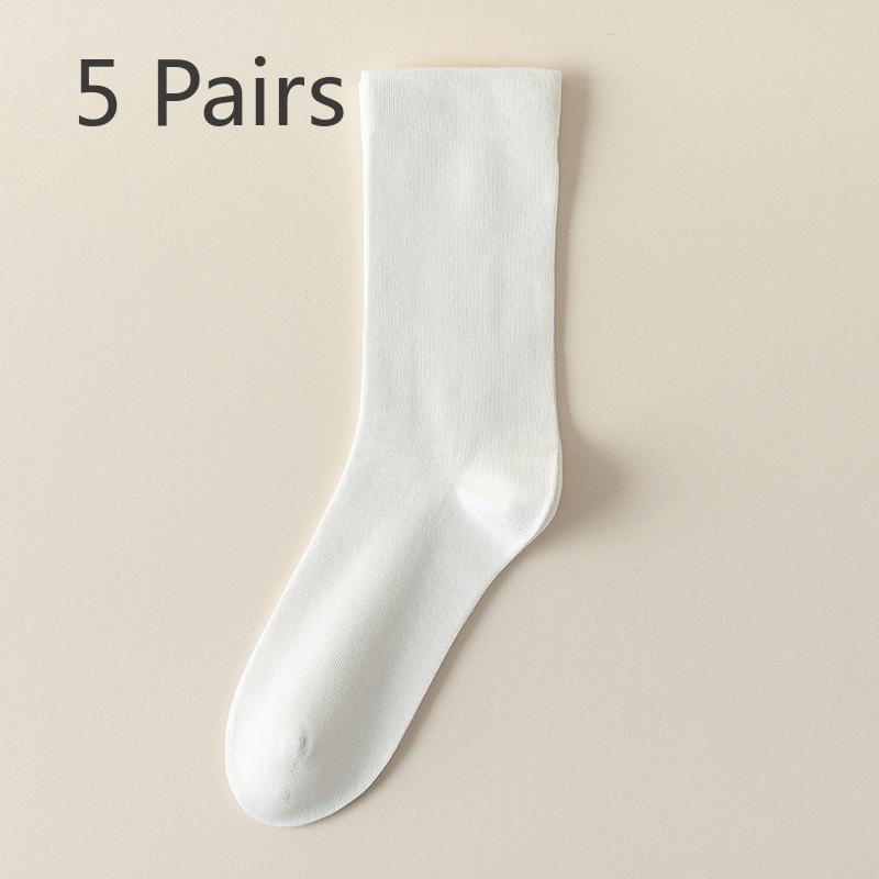 5 Pairs of Women's Spring and Autumn Solid Color Boneless Anti Pilling Cotton Socks