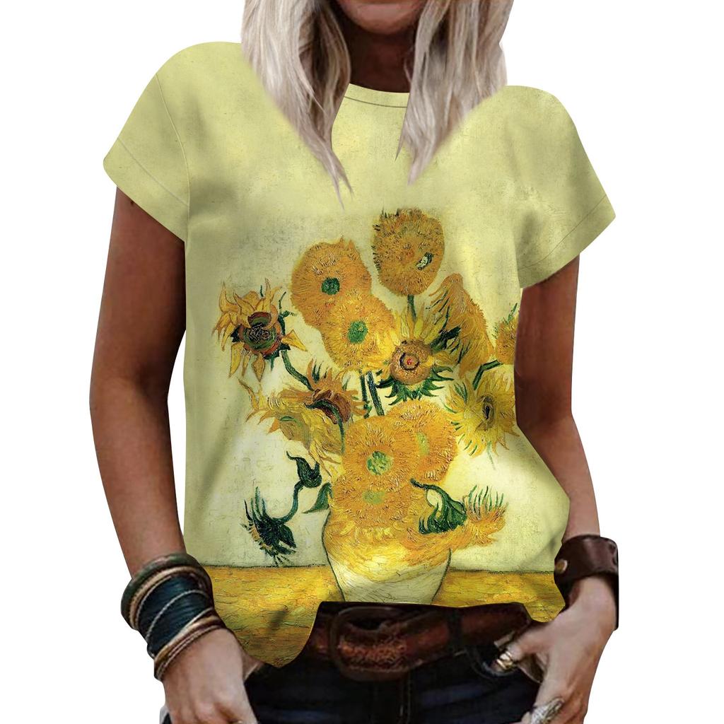 Summer V-neck 3D Flower Printed Top Fashionable Casual Short Sleeved Women's T-shirts