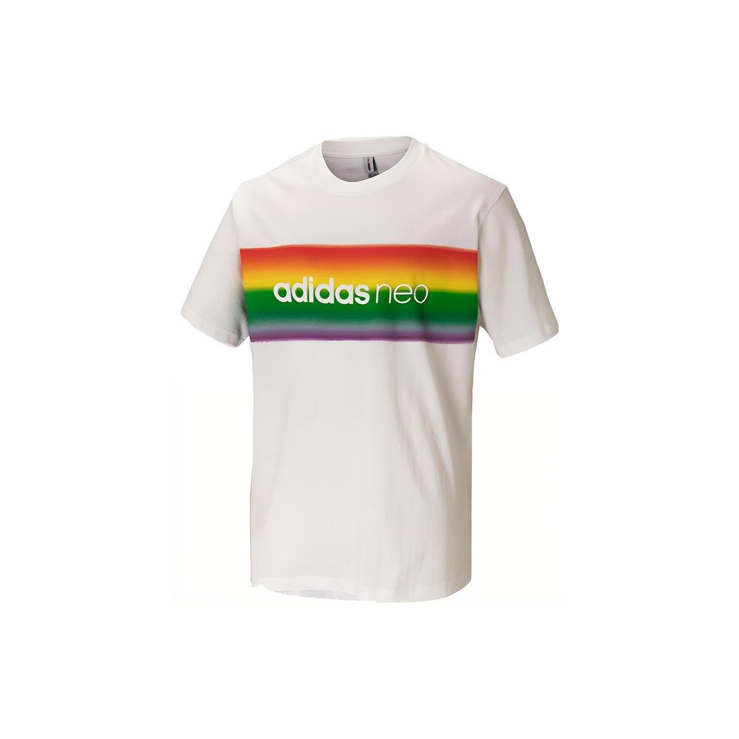 adidas neo U Pd Tee3 Rainbow Logo Printing Round Neck Sports Short Sleeve Couple Style White Unisex H65030 M