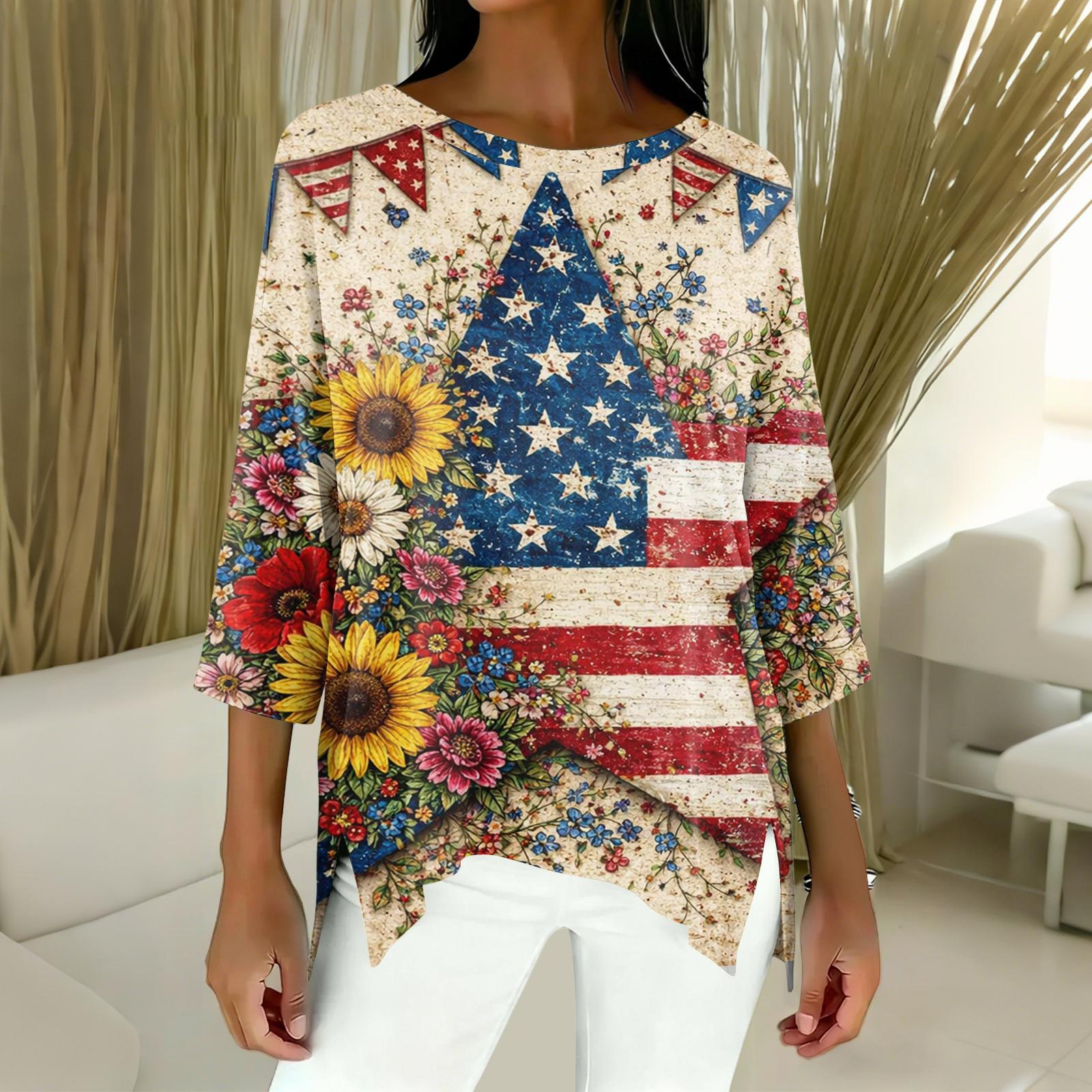Women s Fashion Independence Day Print Three-Quarter Sleeve Top L
