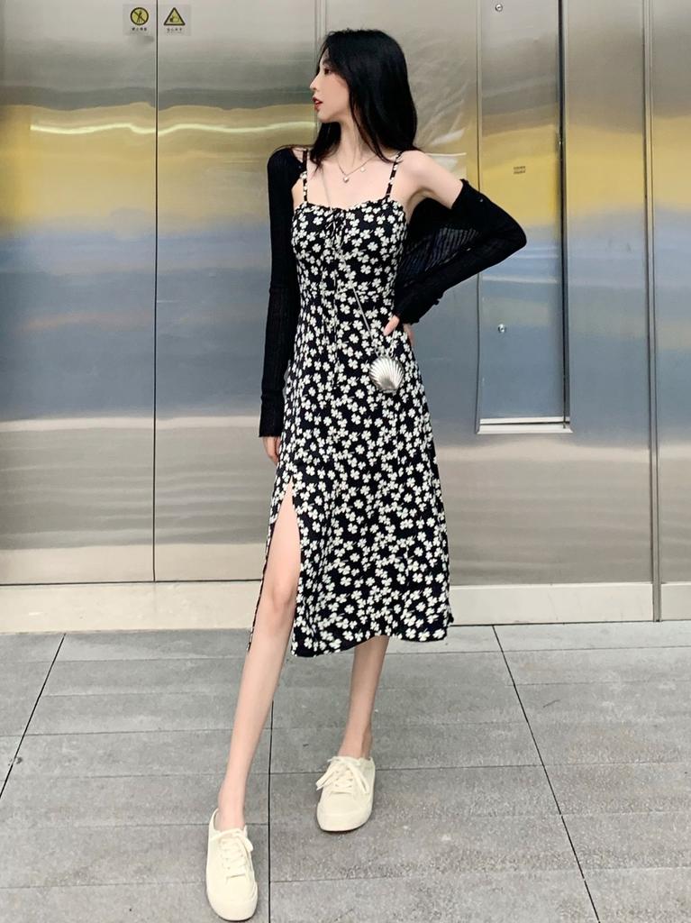 [Four-sided floral dress] Suspender floral dress women's summer French thin small printed bottoming skirt