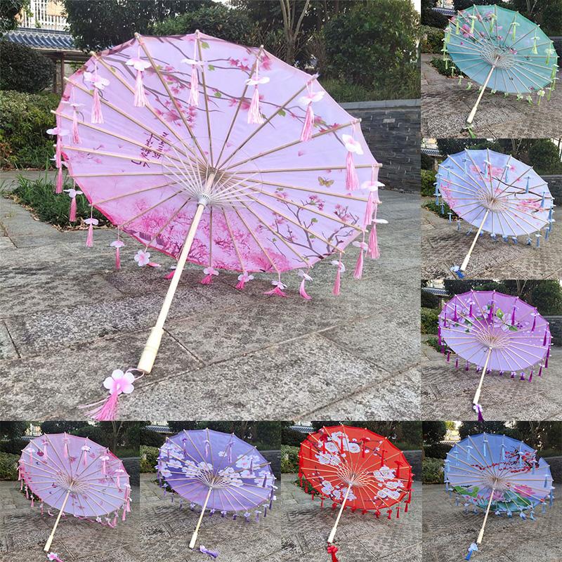 1PC Umbrella 70/82CM Oil Paper for Women Girl Performance Photo Props Antique Umbrella Parasol Satin Cloth Tassel