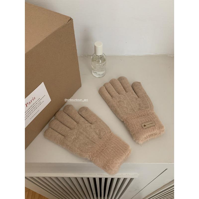 Jintai Korean Version of Winter Thickened Color Blocking Gloves Warm Plush Double Layer Touch Screen Split Knitted Female Cycling Student