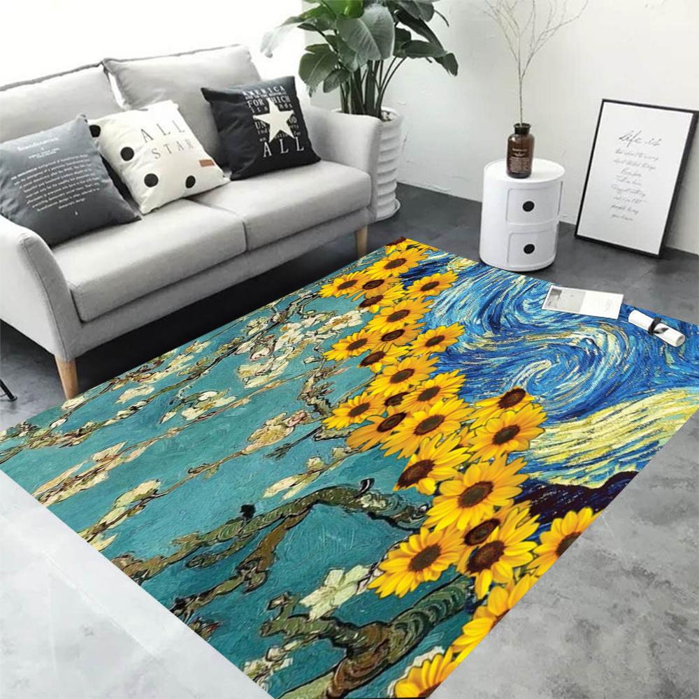 Van Gogh Sunflowers Carpet Artistic Floral Design Impressionist Style Area Rug for Living Room Decor