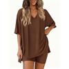 Damen V-Ausschnitt Kurzarm Oversize Oberteil Elastische Taille Taschenshorts Loungewear Schlafanzug Set Lässiges Zweiteiliges Outfit