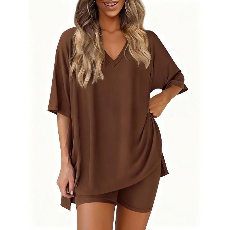 Damen V-Ausschnitt Kurzarm Oversize Oberteil Elastische Taille Taschenshorts Loungewear Schlafanzug Set Lässiges Zweiteiliges Outfit