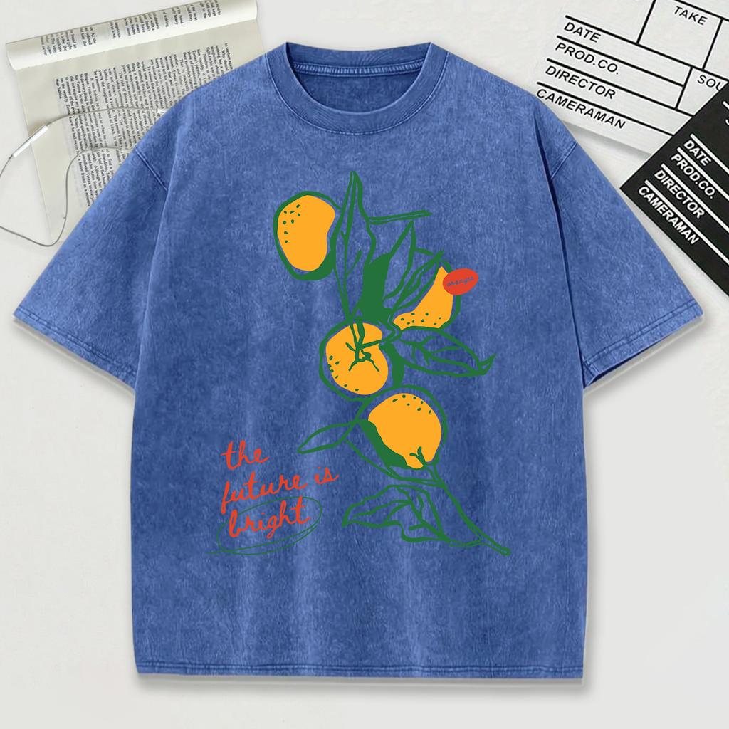 Frisches Orange Gartenmuster Gewaschenes Herren T-Shirt Atmungsaktiv Sport Kurzarm O-Ausschnitt Baumwoll-Top Unisex Weiche Streetwear