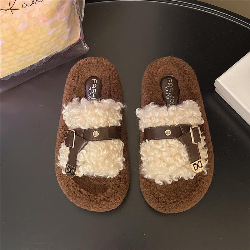 Fluffiga tofflor med tjock sula för dam ytterkläder 2025 höst ny mode bältesspänne lata vardagliga teddy lockiga tofflor