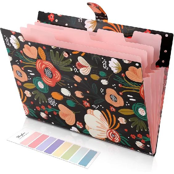 SKYDUE Expanding File Folder with 5 Pockets, Floral Accordion File Organizer for Important Document, Portable Receipt Paper Organizer, School Office