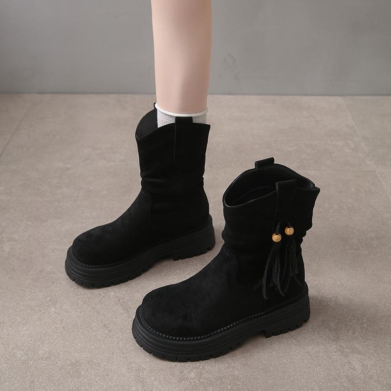 New autumn and winter Maillard fringed short boots women's retro medium tube Martin boots thick heel western pile knight boots