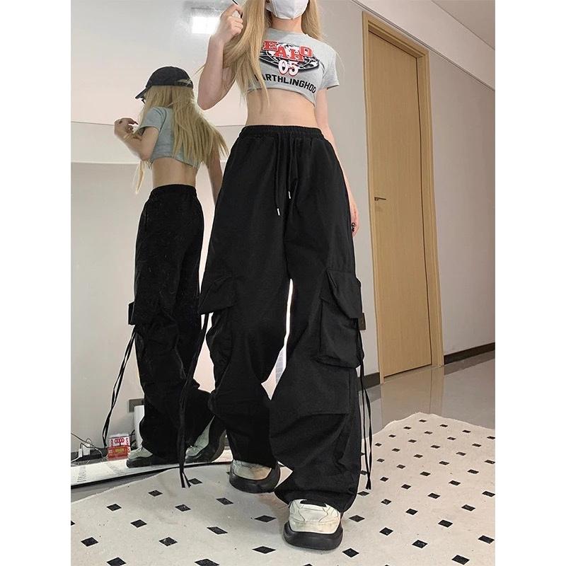 Women Korean High Waisted Slacks Lady Japanese Lace Up Cargo Trousers Female Yellow Pink Blue Black Joggers