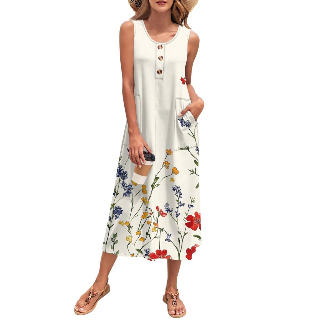 Women's Summer Maxi Dress Sleeveless Button Down Casual Loose Long Beach Sundress Travel Vacation Outfits