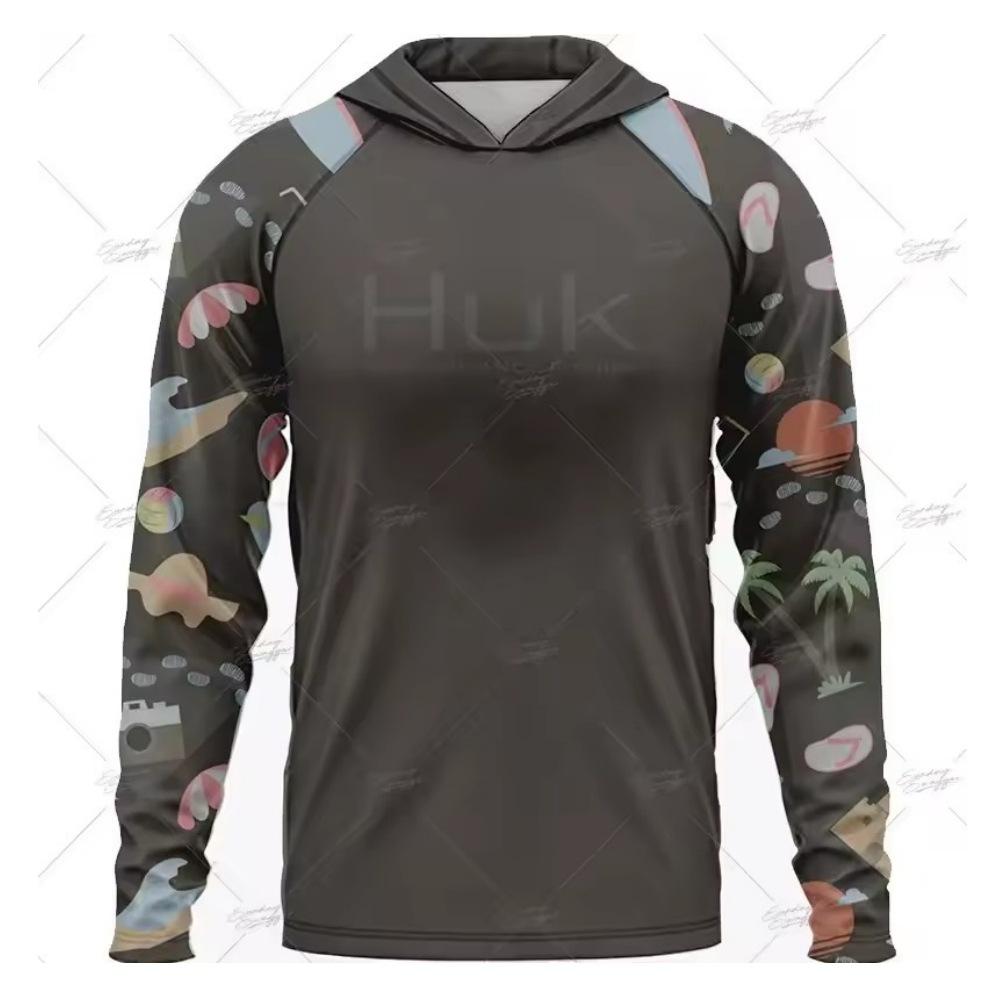 T-shirt a maniche lunghe HUK Tuta da pesca Estiva con cappuccio Protezione solare UV UPF 50+ Traspirante Asciugatura rapida Tuta da pesca
