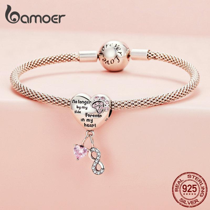 Bamoer Argent 925 Zircon Rose Pendentifs Patte d'Animal Breloques Forme de Cœur Perles Chien pour Bracelet et Collier Femme DIY SCC2434