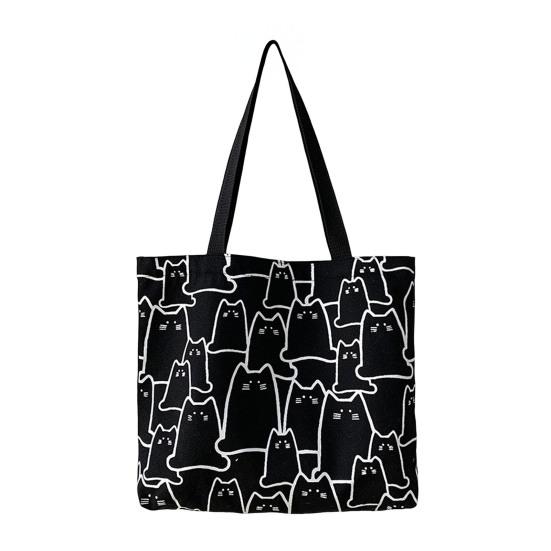 Women Canvas Bag Cat Pattern Zipper Design Tote Bag Large Capacity Japanese Style Lightweight Shoulder Bag