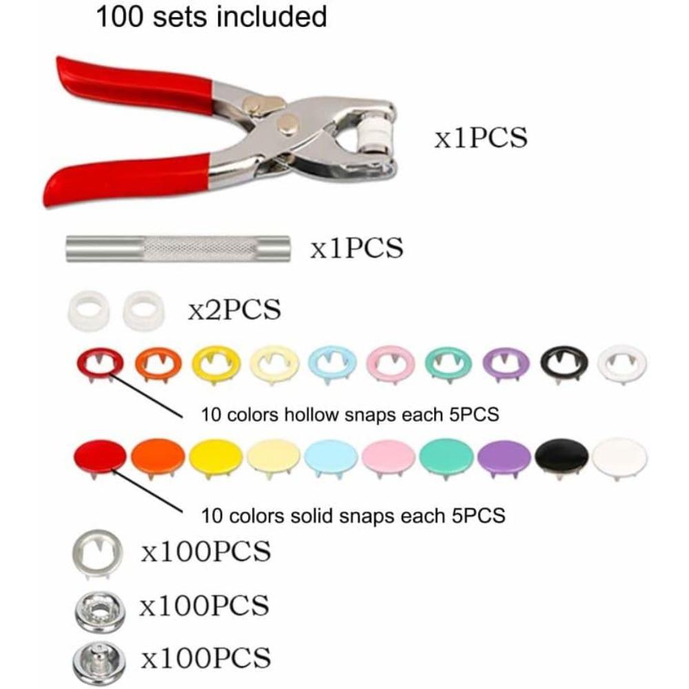 Metal Snap Buttons Kit with Snap Pliers Tool,10 Colors Hollow & Solid Prong Snap Fasteners for Clothing,100PCS Invisible Seamless Buckles Snap Tool