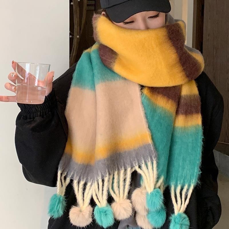 Dopamine Mohair Student Scarf Women's Autumn and Winter Trend Rainbow Striped Scarf Fur Ball To Keep Warm