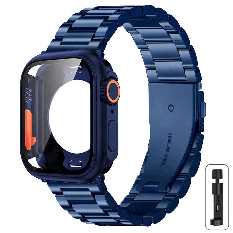 Compatible with Apple Watch Series 10 (46/40/41/44/45mm) Stainless Steel Three-Bead Strap + Full Coverage PC Case