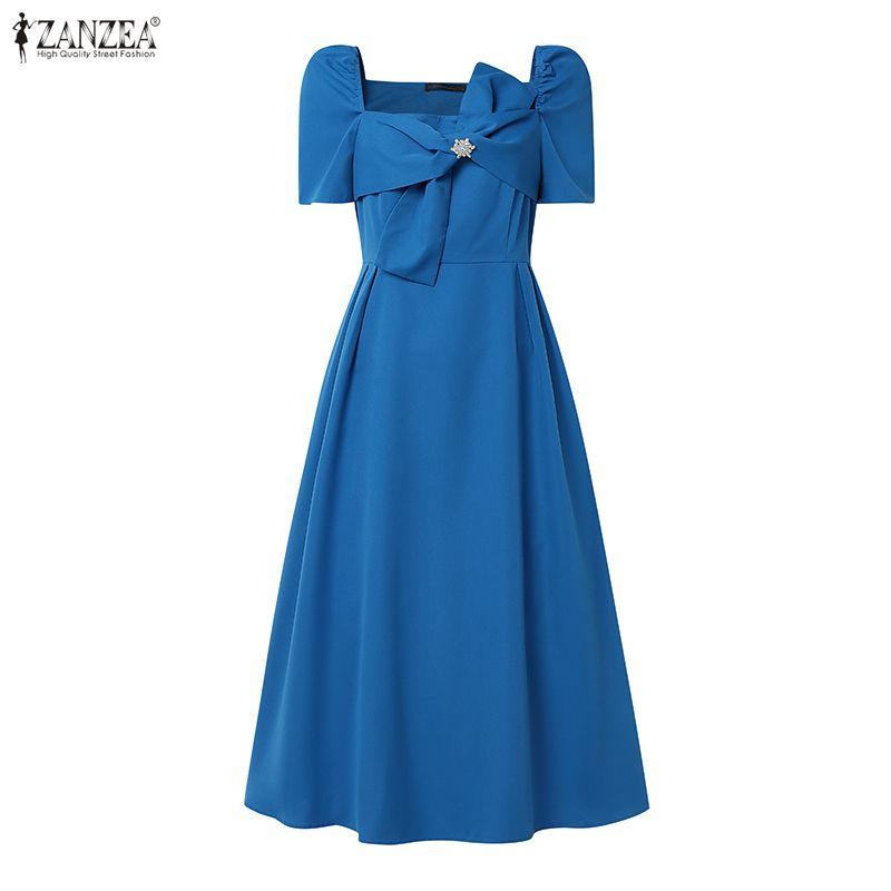 ZANZEA Elegant Women Square Collar Summer Casual Short Sleeve Dress