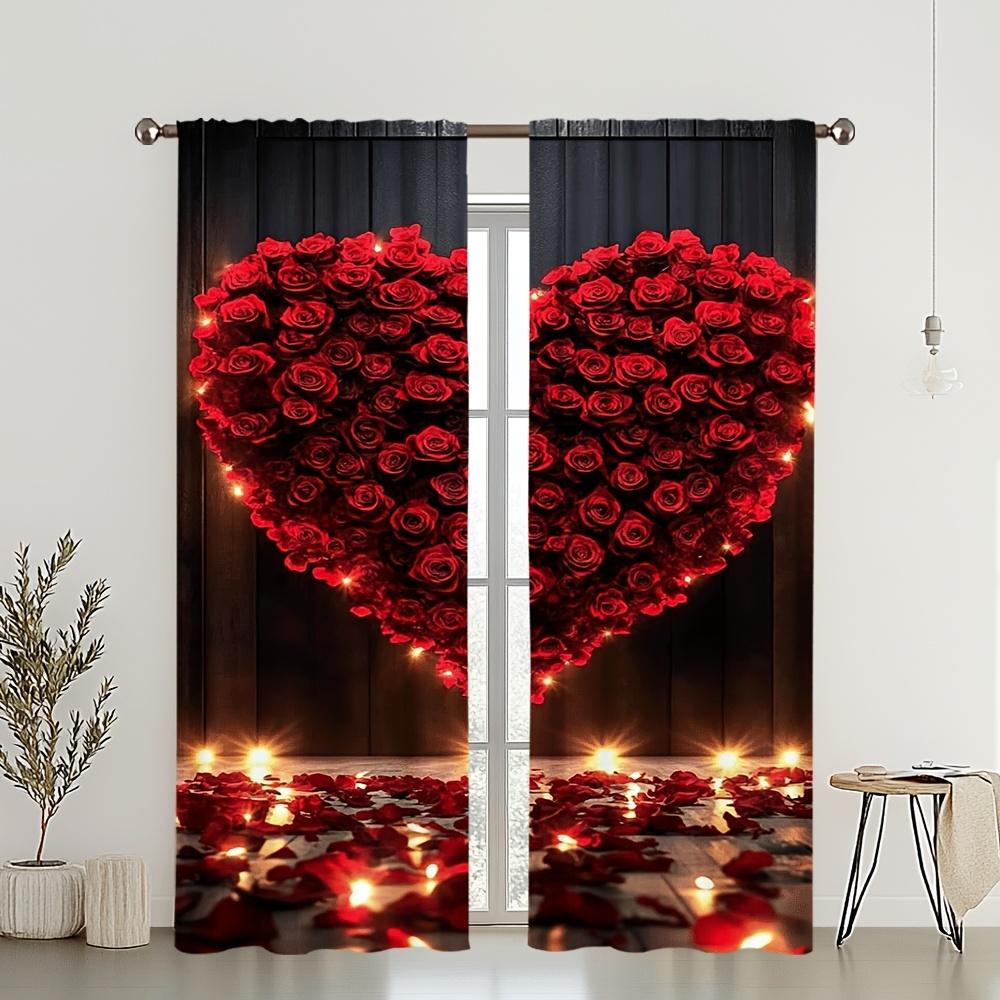 Set Of 2 Valentine Rose Heart Curtains Romantic Design Living Room Bedroom Study Home Decor Light Blocking Curtain For Made Polyester