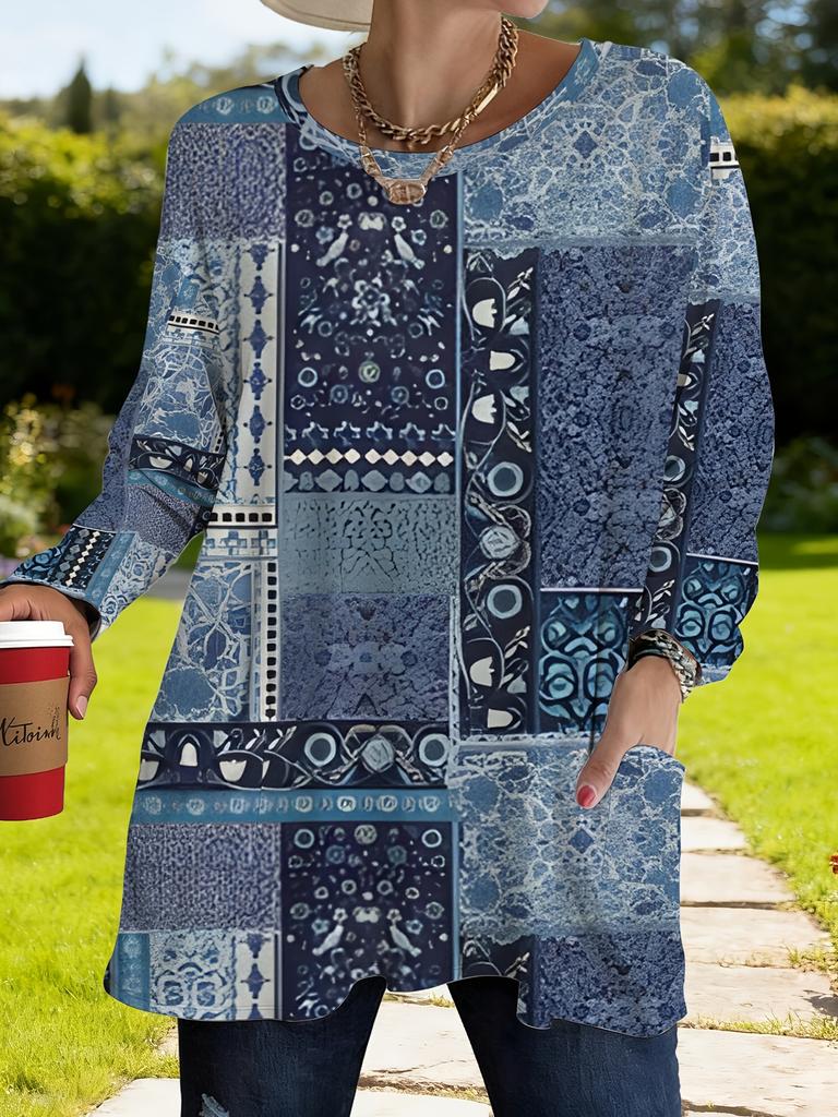 Women's ethnic style splicing printed long-sleeved top, women's loose and casual, spring and autumn new fashion versatile trendy products