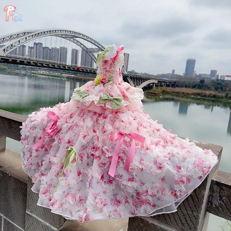 2026 Pet Dog Clothes Luxury Pure Handmade Fashion High-end Pink Roseflower Lace Tail Long Dresses For Small Medium Dog Chihuahua