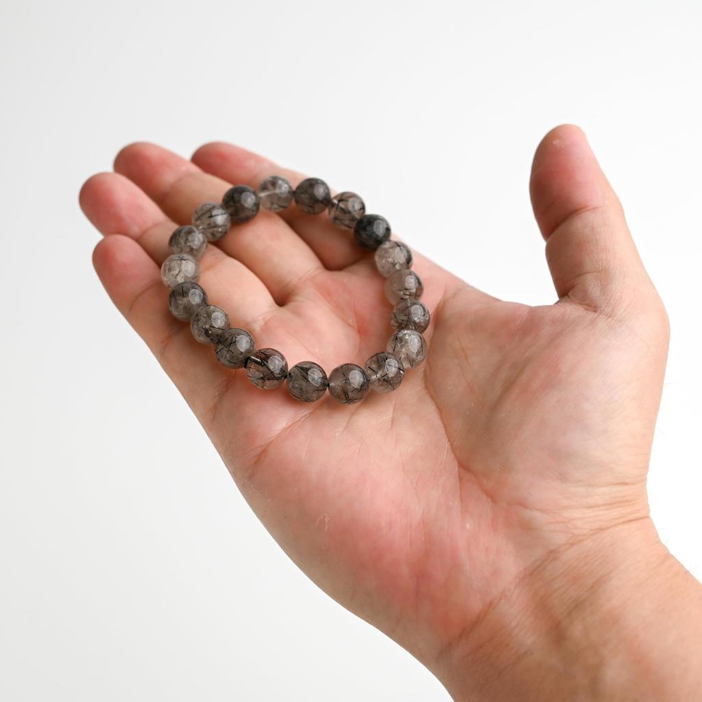 Eigado Black Smoky Rutilated Quartz Bracelet Tourmaline In 10mm 15cm Wrist Limited Natural Power Prayer Good Luck Feng Shui (Black Quartz), Stone,