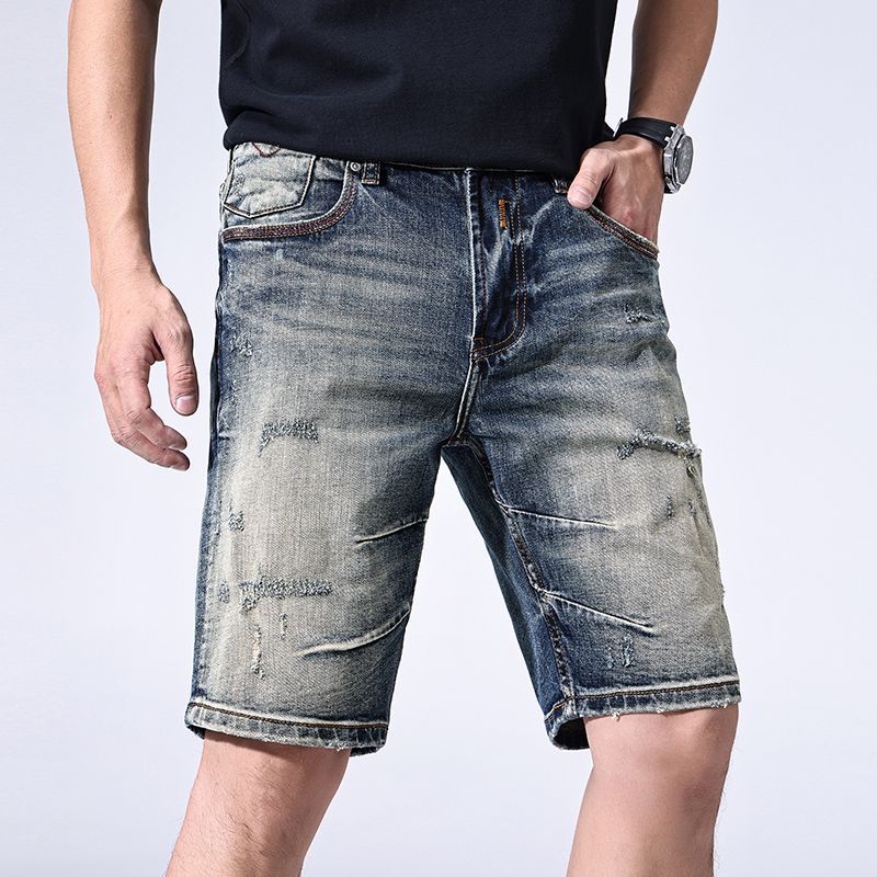 Retro Denim Shorts Summer Slim Straight Mid-pants Casual Ripped Five-point Pants