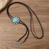 Men Women Western Cowboy Bolo Tie Vintage Turquoises Pendant Jewelry Leather Rope Necktie Tie Metal Feather Necklace
