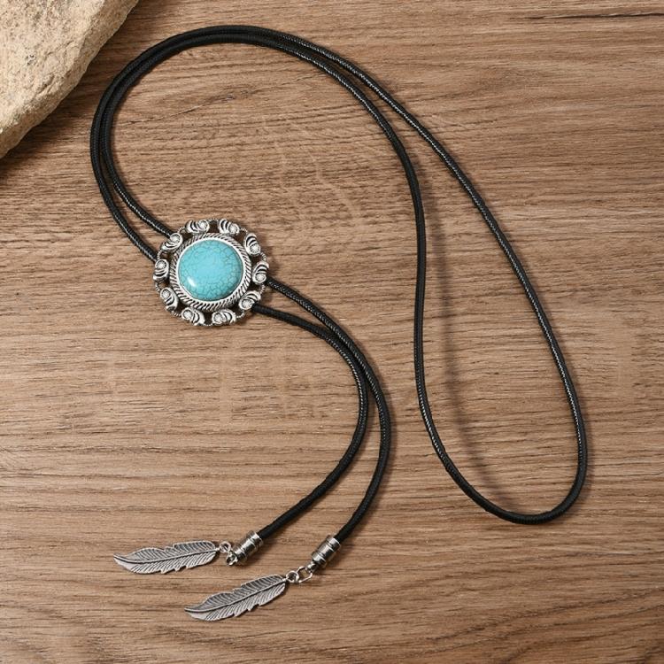 Men Women Western Cowboy Bolo Tie Vintage Turquoises Pendant Jewelry Leather Rope Necktie Tie Metal Feather Necklace