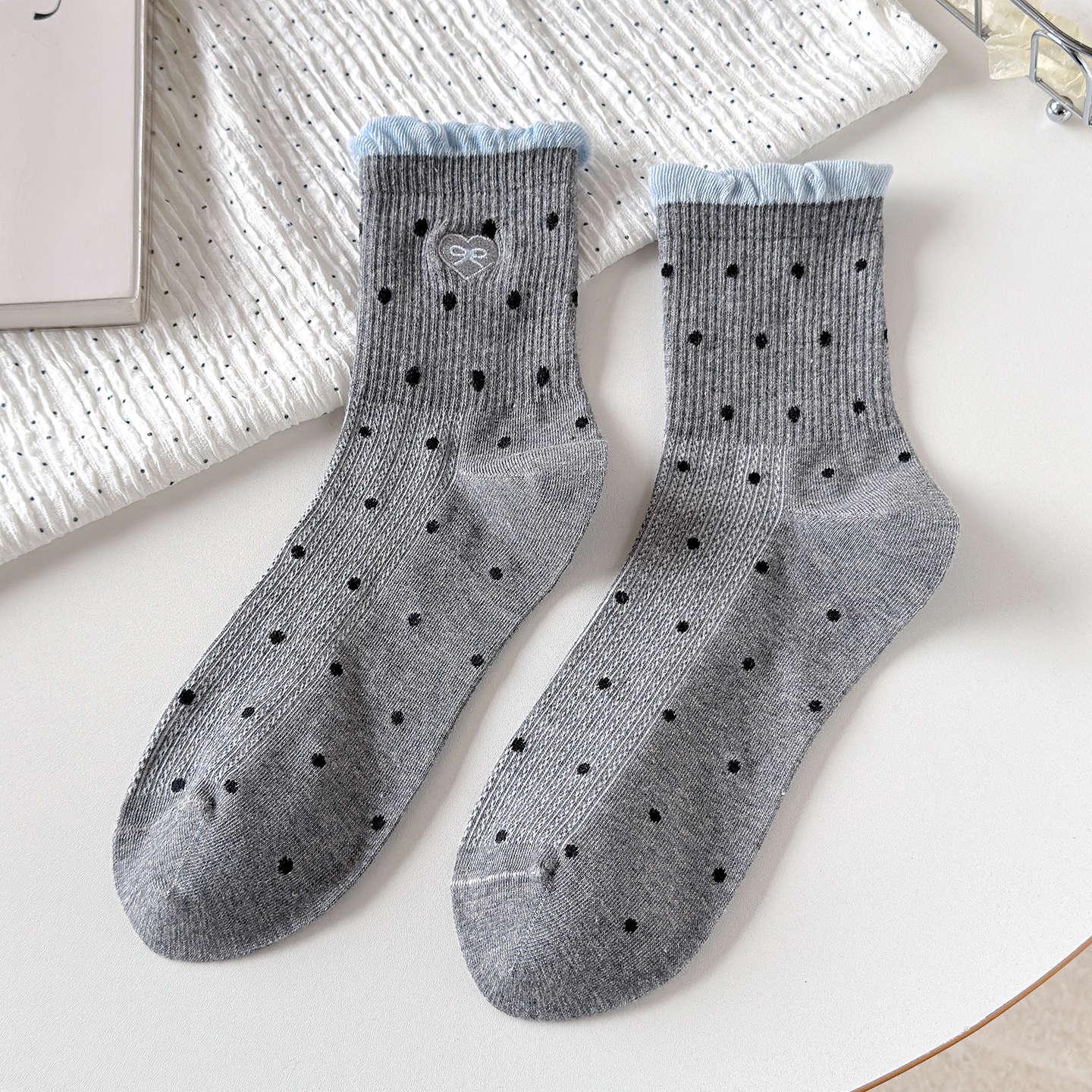 Bubble Top Lace & Polka Dot Mesh Mid-Calf Socks for Women One Size (35-40)