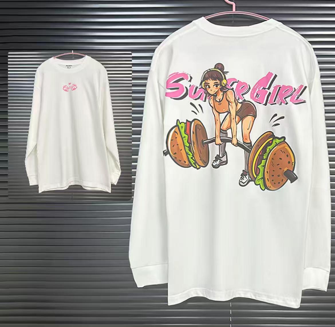 

Hamburger Girl Cotton Long Sleeve Fitness T-Shirt - Heavyweight Autumn/Winter Training Top XXXL белый