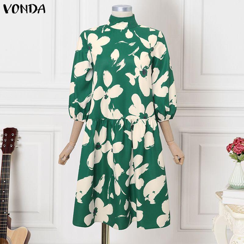 VONDA Elegant Women Stand Neck Puff Sleeve Floral Print Casual Loose Long Baggy Dress