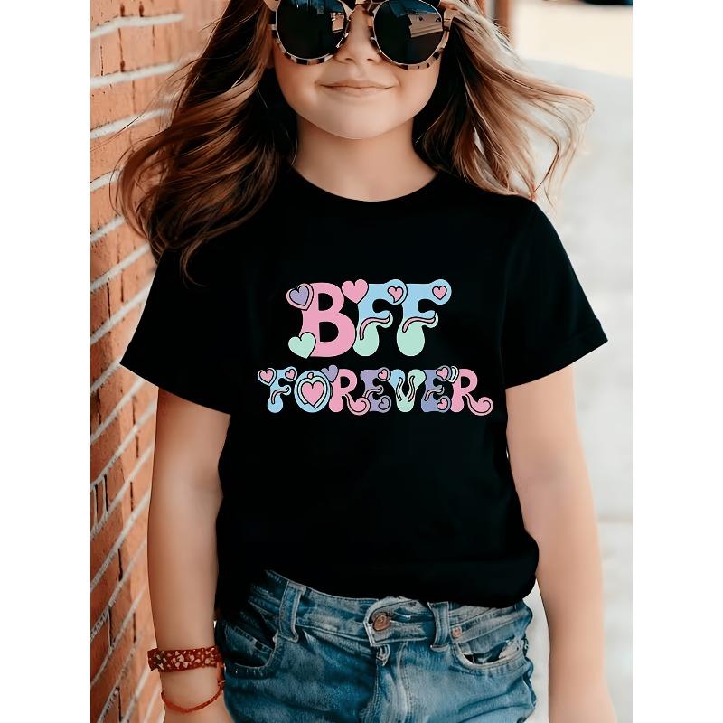 

European sizes Girls Cute Short-Sleeve T-Shirt, BFF Forever Vintage Pastel Heart, Soft and Sweet, for Spring/Summer, Friendship Theme 98cm чёрный