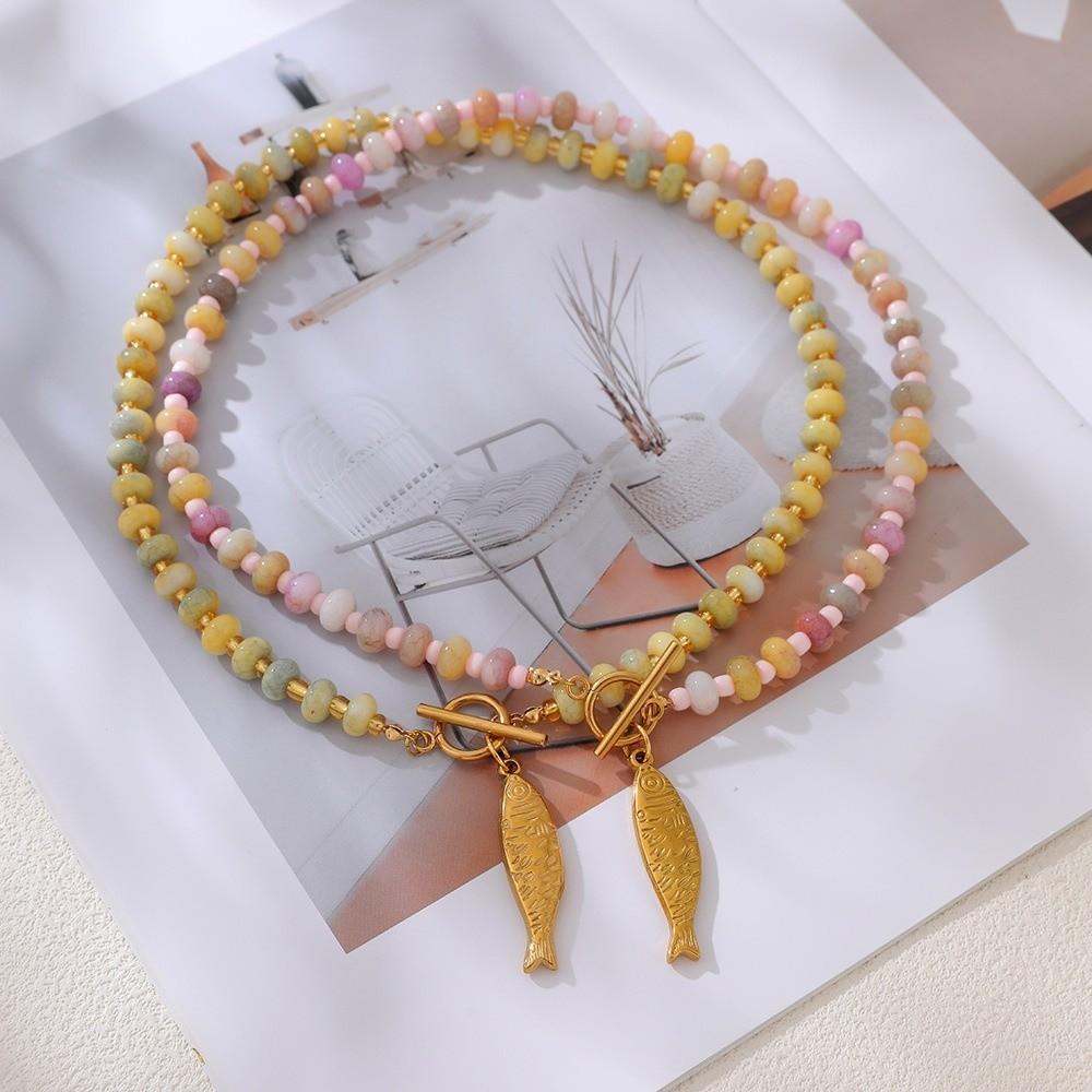 Colored Stone Small Fish Pendant Necklace Bohemian Fish-shaped Charms Jewelry Beads Necklace Women