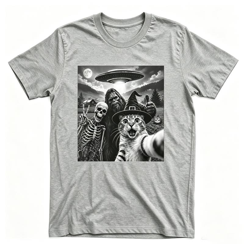 Cat Selfie Ufo Abduction Shirt Funny Alien Spaceship Novelty Vintage Graphic Tee Vintage Unisex Crew Neck Casual Short Tops
