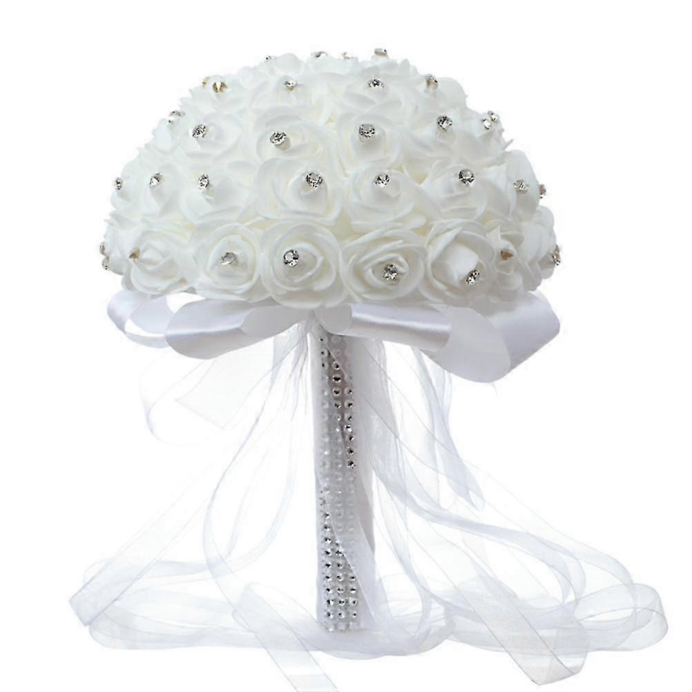 White Bridal Wedding Bouquet Artificial Rose Bouquet with Crystal Pearl for Wedding Engagement Home Decor