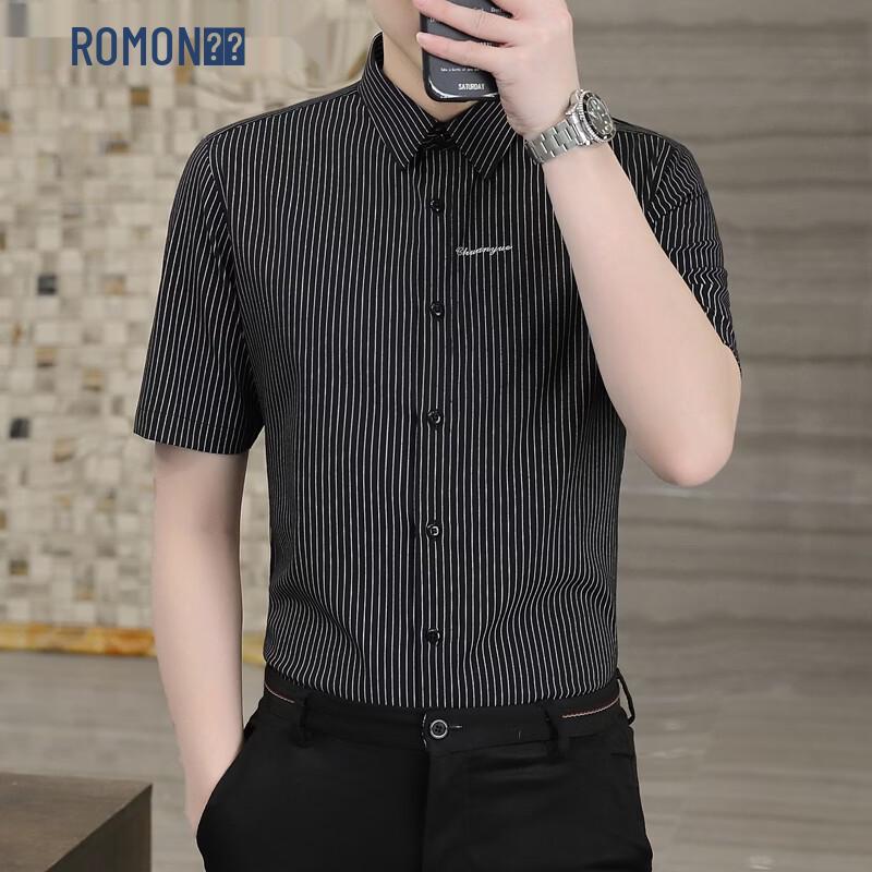 ROMON Men s Bamboo Fiber Stripe Short Sleeve Business Casual Shirt 5XL