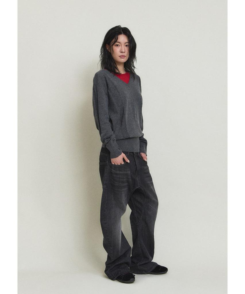 PARADIGMFILM [Ep.01] Reverse V-Neck Layered Knit (Charcoal Red)