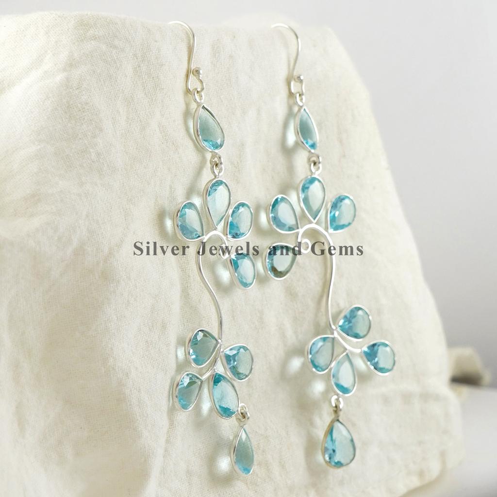 Natural Blue Topaz Earrings-Dangle Handmade Earrings-Teardrop Topaz Earrings-925 Sterling Silver Earrings-Multi Stone Bezel Earrings
