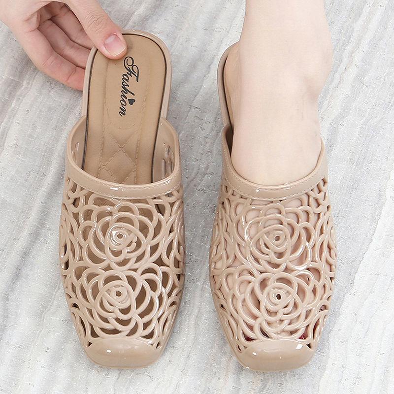 Outside Hollow Medium Heel Women's Slippers and Ladies Sandals On Beach Slides Casual Original Low Price Cheap Liquidation Shoes