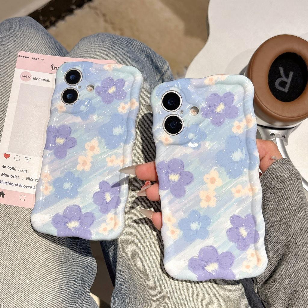 Glitter oil painting blue flower for iPhone16promax iPhone 15 case 14/13 wave IMD case